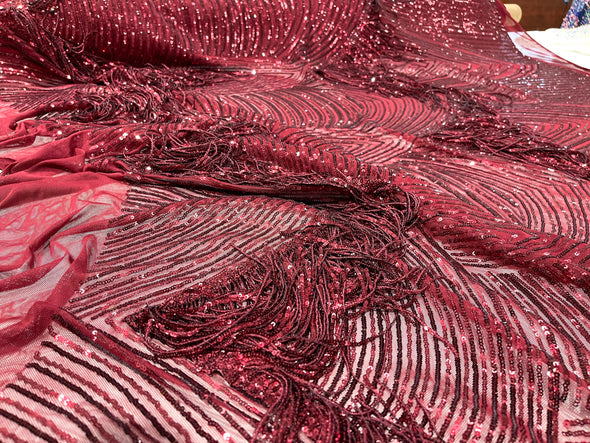 Burgundy fringe sequins design on a 4 way stretch mesh fabric-prom-sold by the yard.