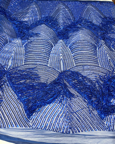 Royal Blue fringe sequins design on a 4 way stretch mesh fabric-prom-sold by the yard.