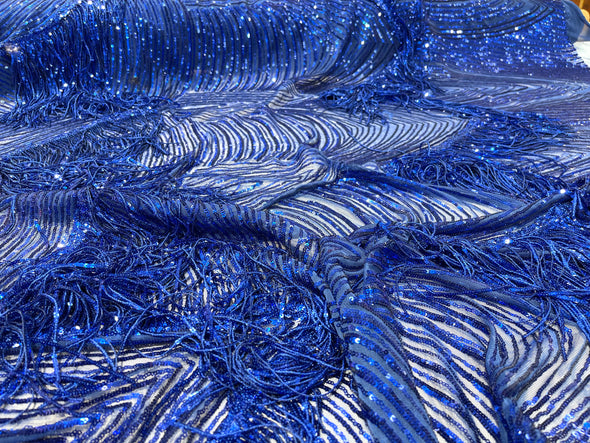 Royal Blue fringe sequins design on a 4 way stretch mesh fabric-prom-sold by the yard.