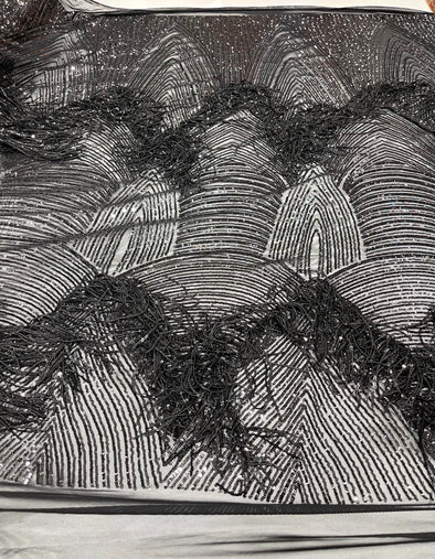 Black fringe sequins design on a 4 way stretch mesh fabric-prom-sold by the yard.