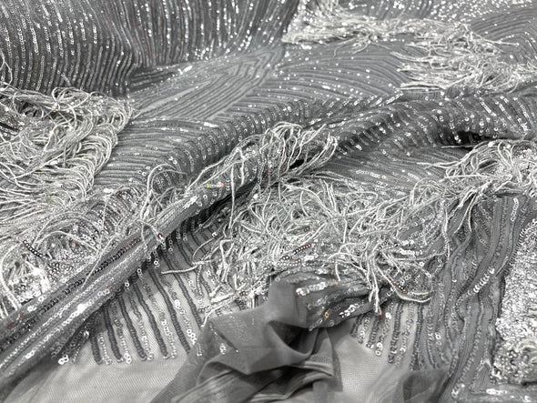 Silver/Gray fringe sequins design on a 4 way stretch mesh fabric-prom-sold by the yard.