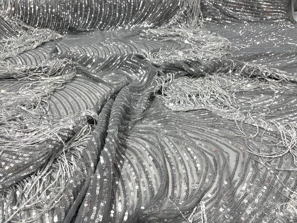 Silver/Gray fringe sequins design on a 4 way stretch mesh fabric-prom-sold by the yard.