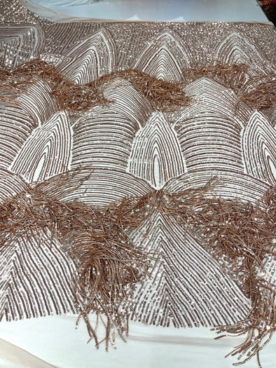 Rose Gold fringe sequins design on a 4 way stretch mesh fabric-prom-sold by the yard.