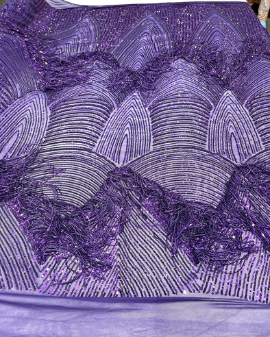 Purple fringe sequins design on a 4 way stretch mesh fabric-prom-sold by the yard.