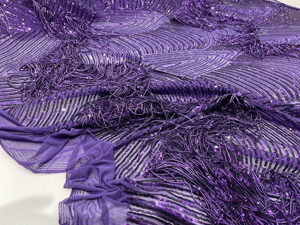 Purple fringe sequins design on a 4 way stretch mesh fabric-prom-sold by the yard.