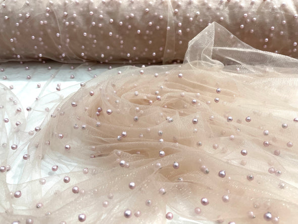 Blush Pink Scattered Pearls Studded Mesh, 2-Way Stretch, sold by the yard.