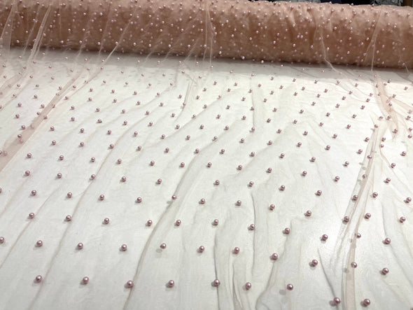 Blush Pink Scattered Pearls Studded Mesh, 2-Way Stretch, sold by the yard.