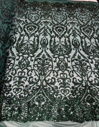 Hunter Green shiny sequin damask design on a 4 way stretch mesh-prom- sold by the yard.