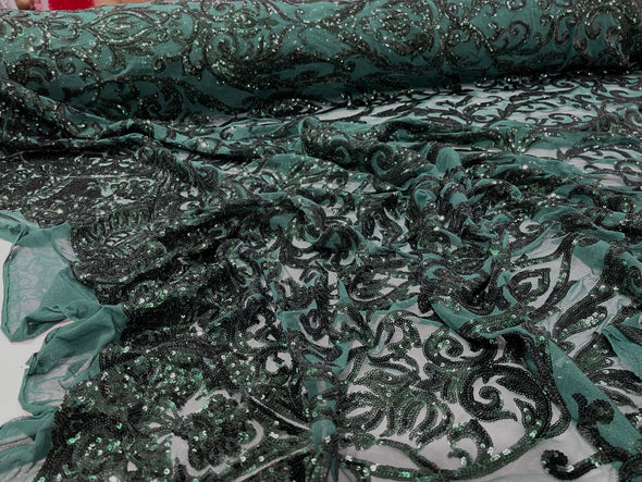 Hunter Green shiny sequin damask design on a 4 way stretch mesh-prom- sold by the yard.