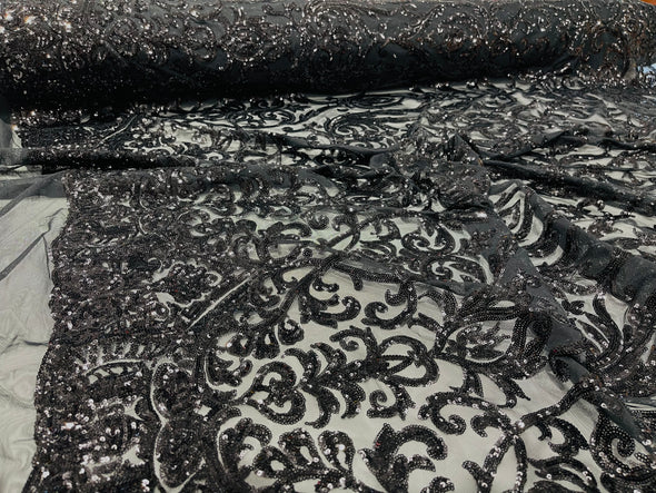 Black Green shiny sequin damask design on a black 4 way stretch mesh-prom- sold by the yard.
