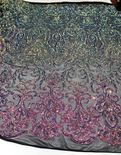 Rainbow iridescent shiny sequin damask design on a black 4 way stretch mesh-prom- sold by the yard.