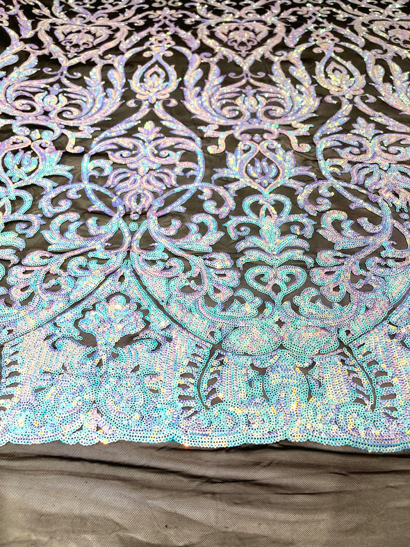 Aqua Blue iridescent shiny sequin damask design on a black 4 way stretch mesh-prom- sold by the yard.