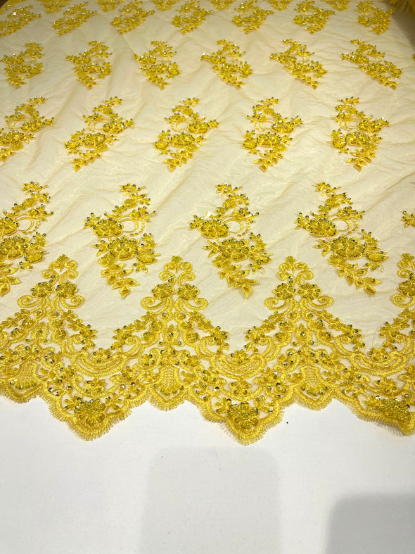 Yellow elegant hand beaded flower design embroider on a mesh lace-prom-sold by the yard