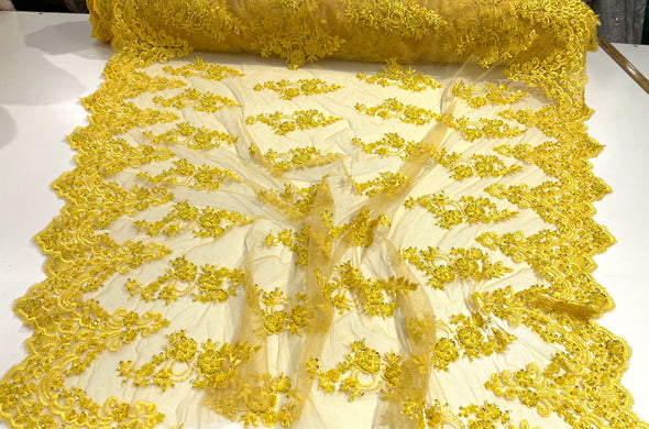 Yellow elegant hand beaded flower design embroider on a mesh lace-prom-sold by the yard
