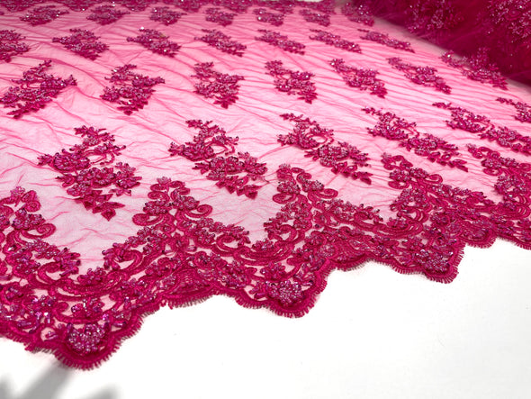 Fuchsia elegant hand beaded flower design embroider on a mesh lace-prom-sold by the yard