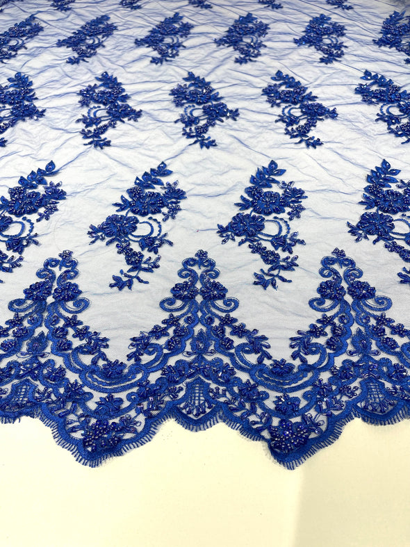 Royal Blue elegant hand beaded flower design embroider on a mesh lace-prom-sold by the yard