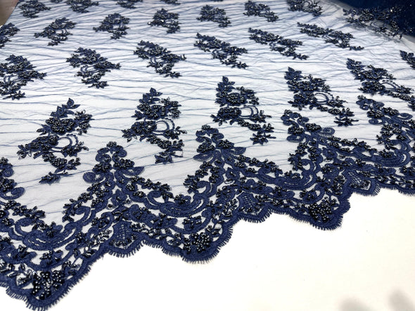 Navy Blue elegant hand beaded flower design embroider on a mesh lace-prom-sold by the yard