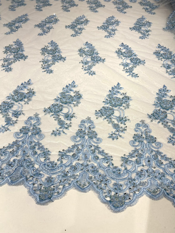 Light Blue elegant hand beaded flower design embroider on a mesh lace-prom-sold by the yard