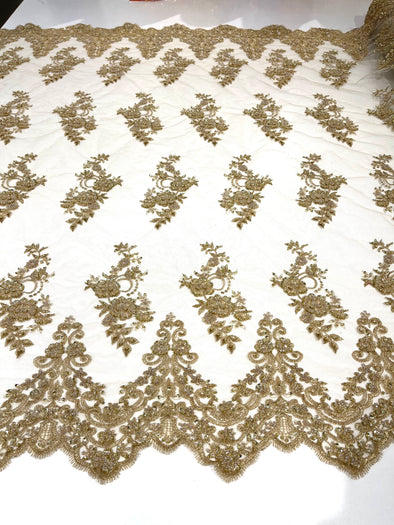 Metallic Gold elegant hand beaded flower design embroider on a mesh lace-prom-sold by the yard