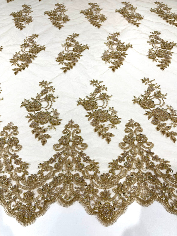 Metallic Gold elegant hand beaded flower design embroider on a mesh lace-prom-sold by the yard