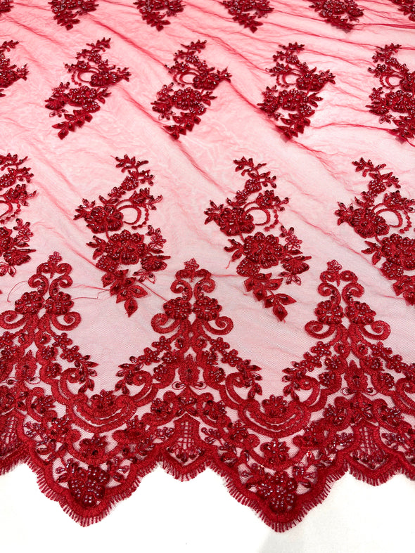 Red elegant hand beaded flower design embroider on a mesh lace-prom-sold by the yard