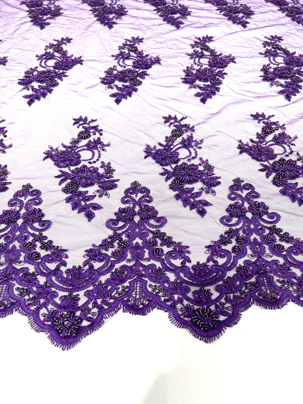 Purple elegant hand beaded flower design embroider on a mesh lace-prom-sold by the yard