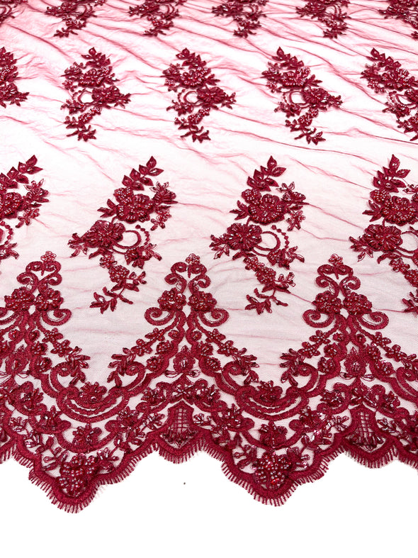 Burgundy elegant hand beaded flower design embroider on a mesh lace-prom-sold by the yard