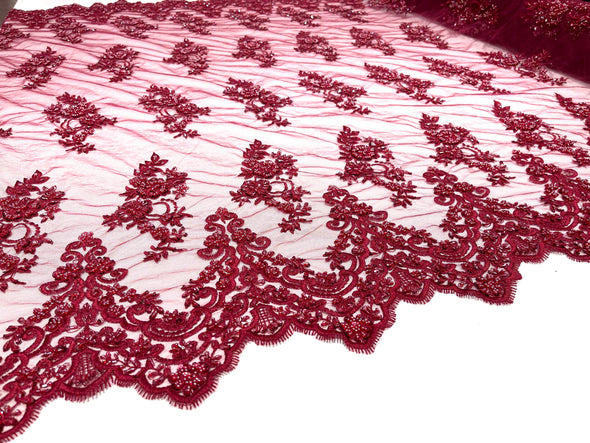 Burgundy elegant hand beaded flower design embroider on a mesh lace-prom-sold by the yard