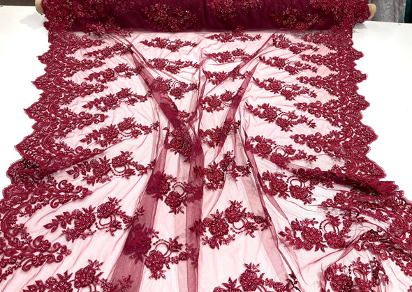 Burgundy elegant hand beaded flower design embroider on a mesh lace-prom-sold by the yard