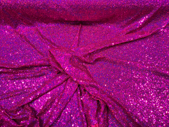 Fuchsia Iridescent Mini Glitz Sequins on a 4 Way Stretch Mesh-Sold  By The Yard.