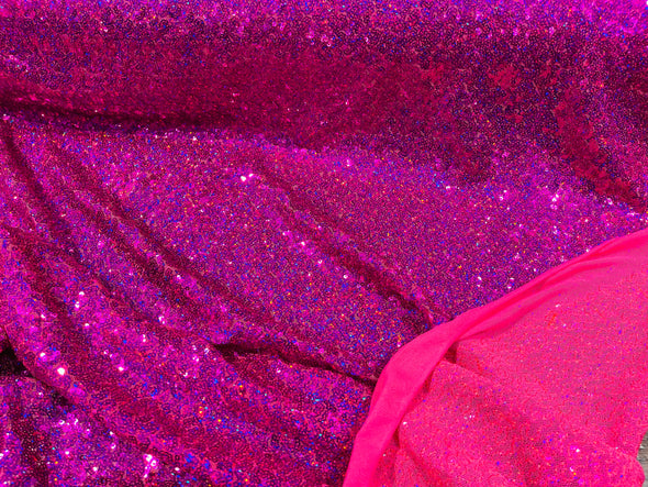 Fuchsia Iridescent Mini Glitz Sequins on a 4 Way Stretch Mesh-Sold  By The Yard.