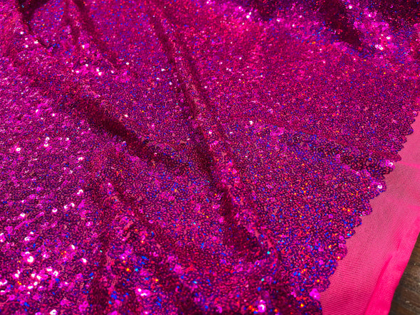 Fuchsia Iridescent Mini Glitz Sequins on a 4 Way Stretch Mesh-Sold  By The Yard.