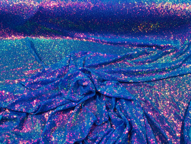 Purple/ Turquoise Iridescent Mini Glitz Sequins on a Turquoise 4 Way Stretch Mesh-Sold  By The Yard.