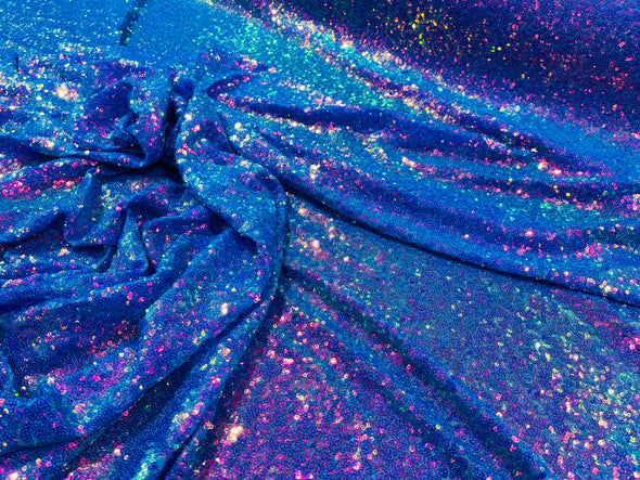 Purple/ Turquoise Iridescent Mini Glitz Sequins on a Turquoise 4 Way Stretch Mesh-Sold  By The Yard.