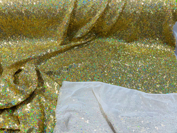 Gold Iridescent Mini Glitz Sequins on a 4 Way Stretch Mesh-Sold  By The Yard.