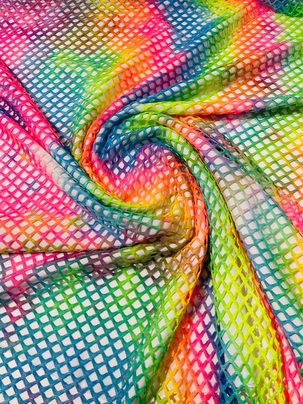 Big Fishnet Diamond Mesh Tie Dye with Silver Glitter 4 Way Stretch 58/60 Inches Wide. Sold by The Yard. Rainbow
