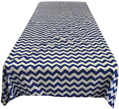 Backdrop King Inc, White/Navy 1" Chevron Print Poly Cotton Rectangular Tablecloth