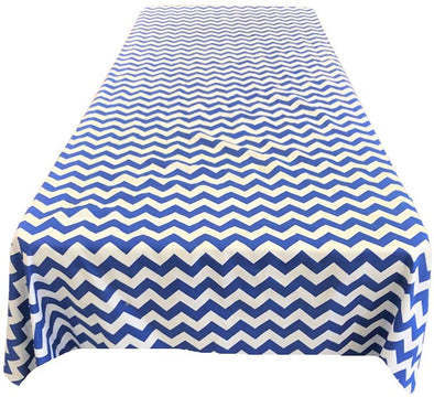 Backdrop King Inc, White/Royal Blue 1" Chevron Print Poly Cotton Rectangular Tablecloth