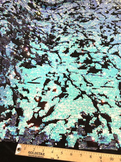 Iridescent Aqua/Silver Sequins Flip On Black Stretch Velvet Two Tone Sequin Fabric, By The Yard
