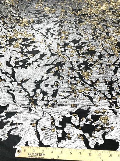 White/Gold Sequins Flip On Black Stretch Velvet Two Tone Sequin Fabric, By The Yard