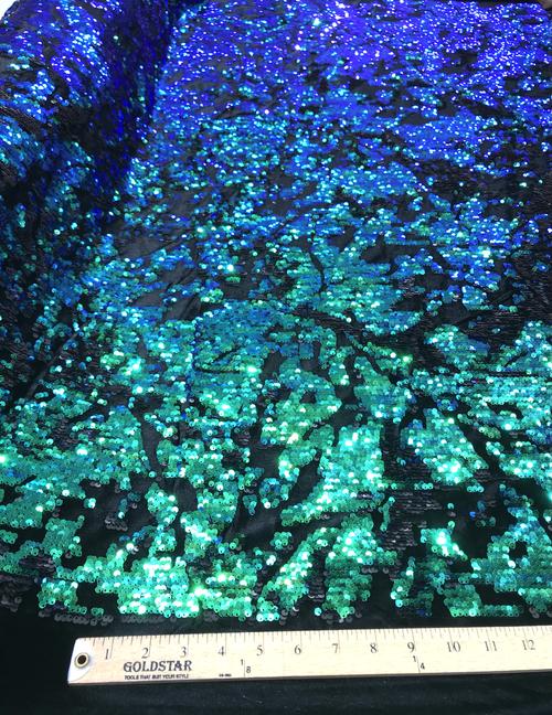 Iridescent Green/Matte Black Sequins Flip On Black Stretch Velvet Two Tone Sequin Fabric, By The Yard