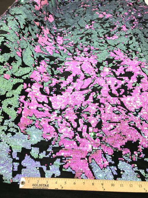 Iridescent Hot Pink/Mint Sequins Flip On Black Stretch Velvet Two Tone Sequin Fabric, By The Yard