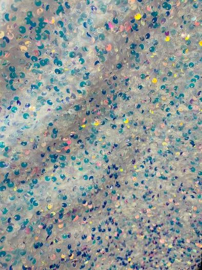 White Iridescent stretch velvet with luxury sequins all over 5mm shining sequins 2-way stretch, sold by the yard