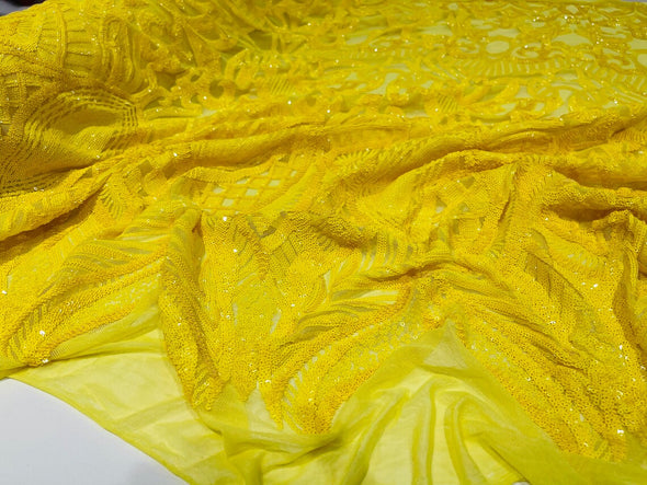 Yellow Sequins Fabric Royalty Design on a 4 Way Stretch Mesh-Prom - Sold By The Yard