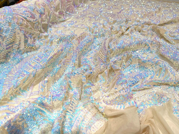 Aqua Iridescent Sequin Fabric Royalty Design on a 4 Way Stretch-Prom By The Yard