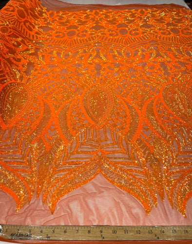 Neon orange iridescent Sequins Fabric Royalty Design on a 4 Way Stretch-Prom By The Yard