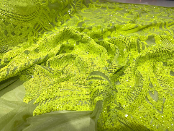 Neon Green Sequins Fabric Royalty Design on a 4 Way Stretch-Prom By The Yard