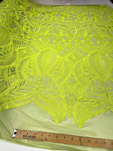 Neon Green Sequins Fabric Royalty Design on a 4 Way Stretch-Prom By The Yard