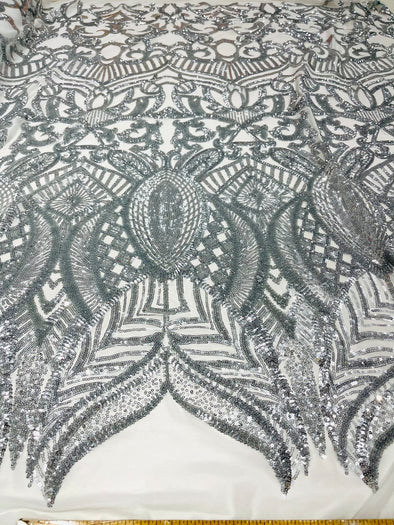 Silver Sequins Fabric Royalty Design on a 4 Way Stretch Mesh-Prom - Sold By The Yard