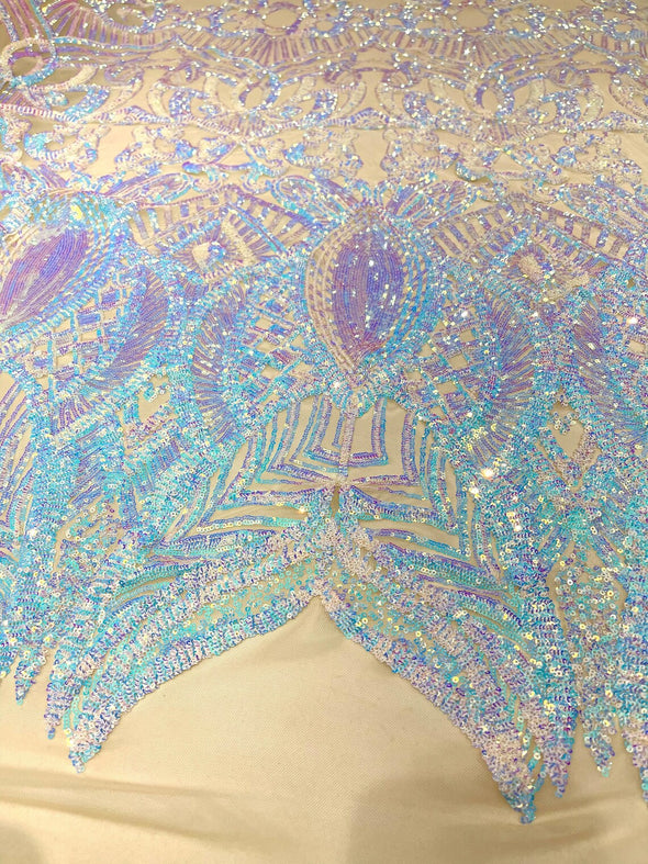 Aqua Iridescent Sequin Fabric Royalty Design on a 4 Way Stretch-Prom By The Yard